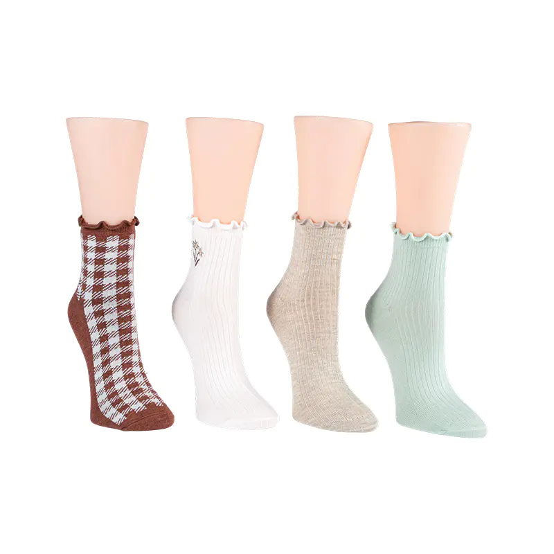 Rib W/ Bordir Bunga/ Ginghamlettuce Welt Anklet 4ppk Socks