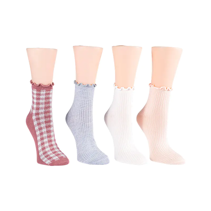 Rib W/ Bordir Bunga/ Ginghamlettuce Welt Anklet 4ppk Socks